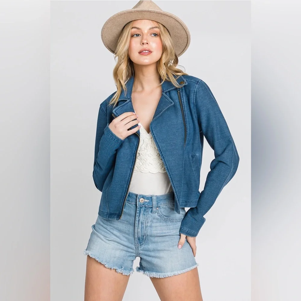 Knit Denim Biker Moto Jacket in Blue - Picture 9 of 10